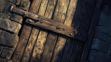 Weathered Wooden Door and Stone Wall Detail photo