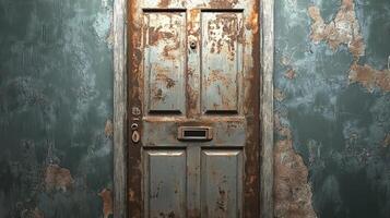 Rusty Metal Door in a Decaying Building Wall photo