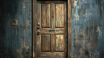 An old wooden door is in a blue painted room photo