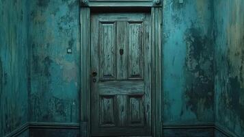 Old weathered teal door in a decaying room photo