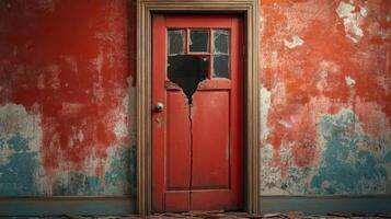 Damaged Red Door in a Decaying Building photo