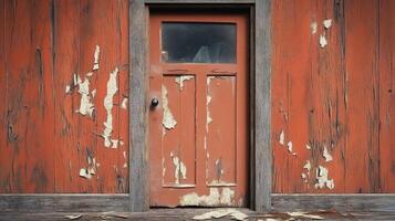 Weathered Red Door and Peeling Paint on Old Wooden Walls photo