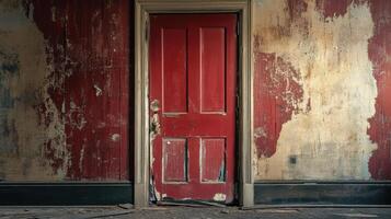 Red Door in a Decaying Building Interior photo
