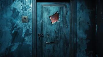Damaged Teal Door in a Dark Room photo