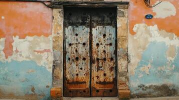 Rusty Metal Door in a Weathered Building Wall photo
