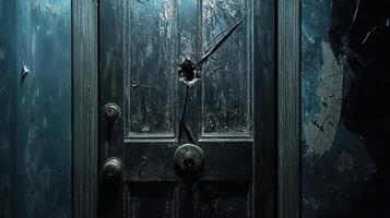 Damaged dark door with bullet hole and cracked paint photo