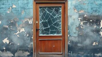 Wooden door with shattered glass in dilapidated building photo