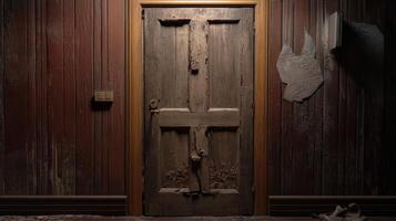 Old weathered wooden door in a dilapidated room photo