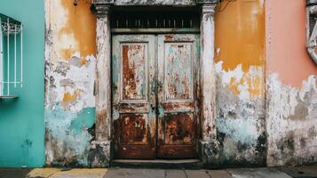 Rusted Wooden Doorway in Distressed Building Exterior photo