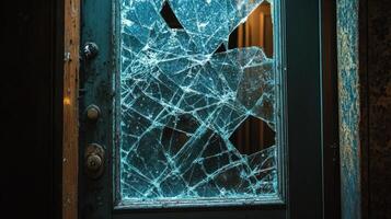 Broken Glass Pane in Old Wooden Door Frame photo