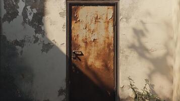 Rusty metal door on a weathered wall photo