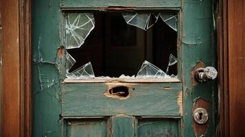 Old weathered door with shattered glass pane photo