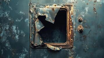 Rusted metal panel with damaged access door photo