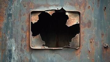 Rusted metal panel with a square hole showing decay photo
