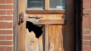 Damaged Wooden Door in Brick Building Frame photo