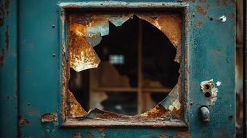 Rusted metal door with a shattered window pane photo