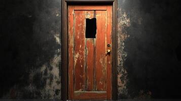 Old Weathered Wooden Door With Hole In Wall photo