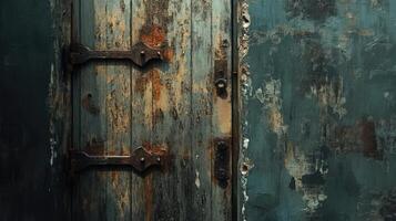 Weathered Wooden Door with Rusty Hinges and Wall photo