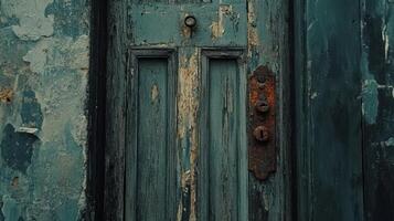 resistido verde azulado puerta con oxidado hardware y descamación pintar foto