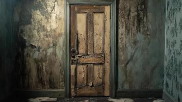 A weathered door in a decaying room photo