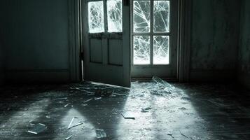 Shattered Glass Door in Abandoned Room photo