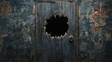 Damaged Wooden Door in a Decaying Wall photo