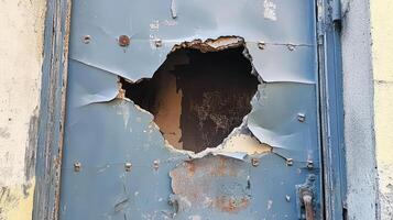 Damaged Metal Door Shows Extensive Decay And Hole photo