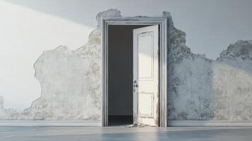 A weathered door opens to a dilapidated room photo