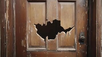 Damaged Wooden Door With A Large Hole photo