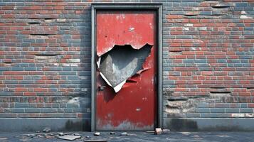 Damaged Red Door in a Brick Wall photo