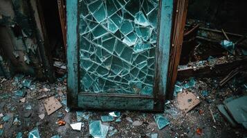 Shattered teal glass door in a ruined building photo