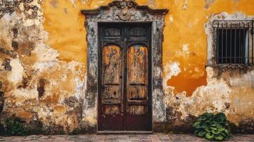 Weathered Doorway on a Distressed Yellow Wall photo