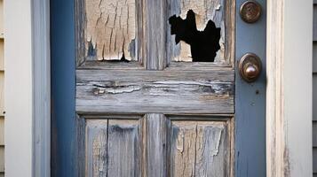 Damaged Wooden Door Showing Extensive Paint Peeling and Holes photo