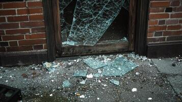 Shattered Glass Door in Brick Building Exterior photo