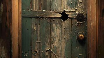 Weathered Wooden Door With Hole And Knobs photo
