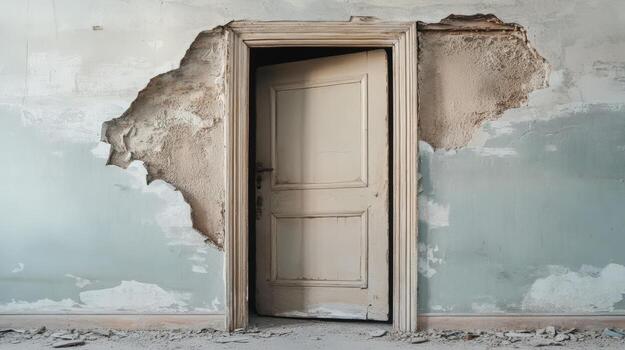 A weathered door in a dilapidated building stands ajar photo