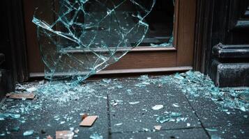 Shattered Glass Door Panel Fragments Scattered On Ground photo