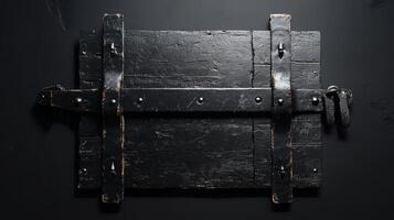 Black Wooden Panel With Metal Clasps And Hinges photo