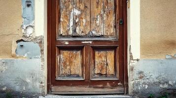 Weathered Wooden Door in Decaying Building Facade photo