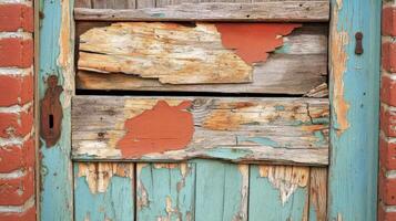 Weathered Wooden Door With Peeling Paint And Brick photo