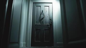 Old weathered dark door stands in hallway photo
