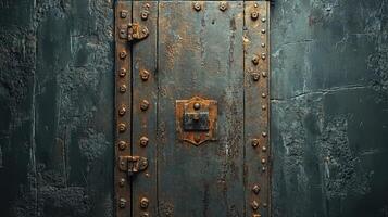 Rusty Metal Door With Aged Texture And Hinges photo