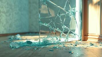 Shattered Glass Panel on Wooden Floor photo
