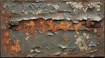 Rusty Metal Plate With Peeling Paint And Fasteners photo
