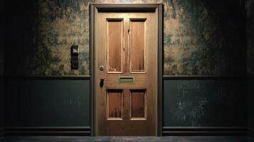 Old Wooden Door in a Distressed Hallway photo