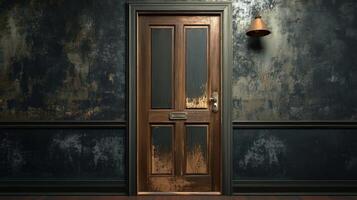 Weathered Wooden Door in Dark Room Setting photo