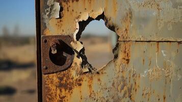 Rusted Metal Door Showing Extensive Corrosion And Damage photo