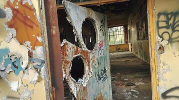 Damaged door reveals decaying interior of abandoned building photo