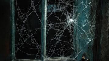 Intricate spiderwebs cover an old window pane photo