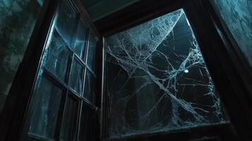 Abandoned Window Pane Shows Extensive Spiderweb photo